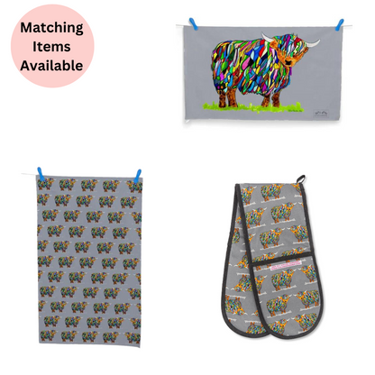 Repeat Bright Highland Cow Tea Towel On Grey - Matching Items Available - Colourful Close-up