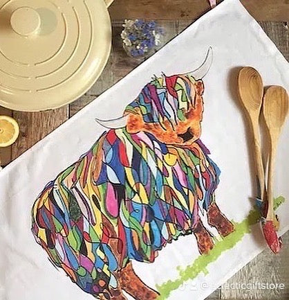 100% Cotton White Tea Towel with Bright Highland Cow