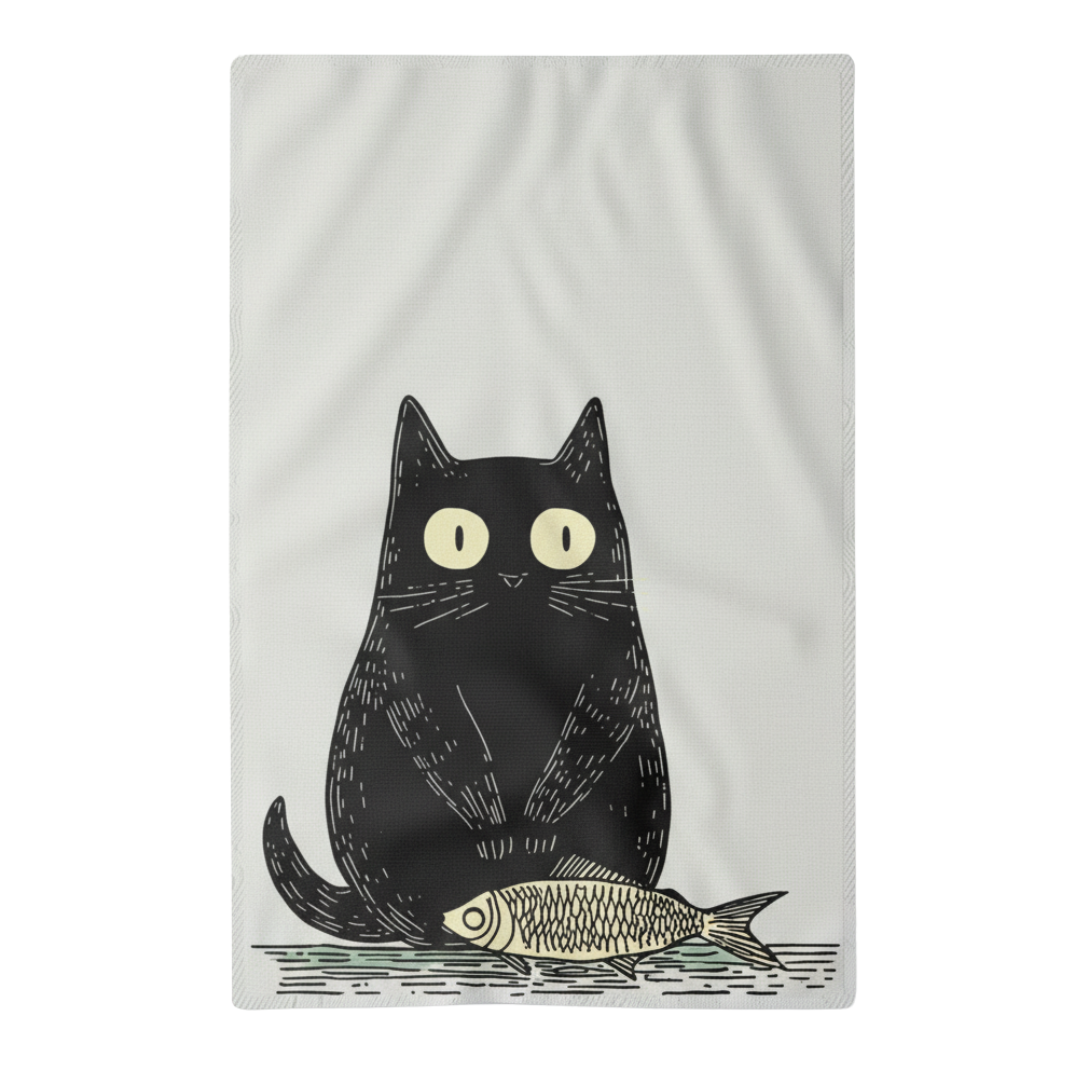 Black Cat Tea Towel With Fish on white background.  Quirky gift for cat lovers.