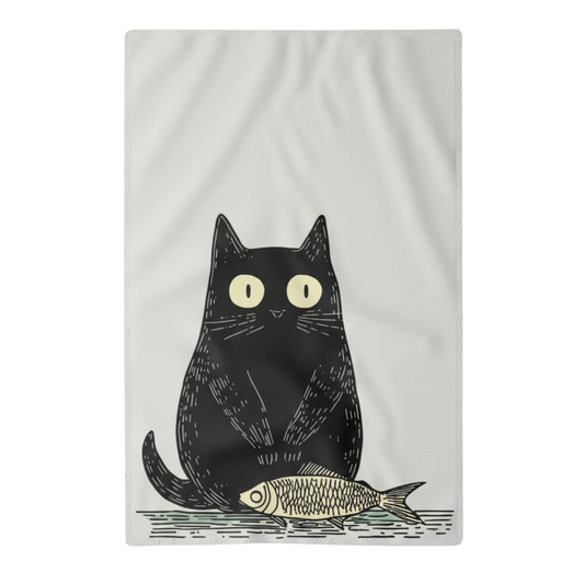 Black Cat Tea Towel With Fish on white background.  Quirky gift for cat lovers.