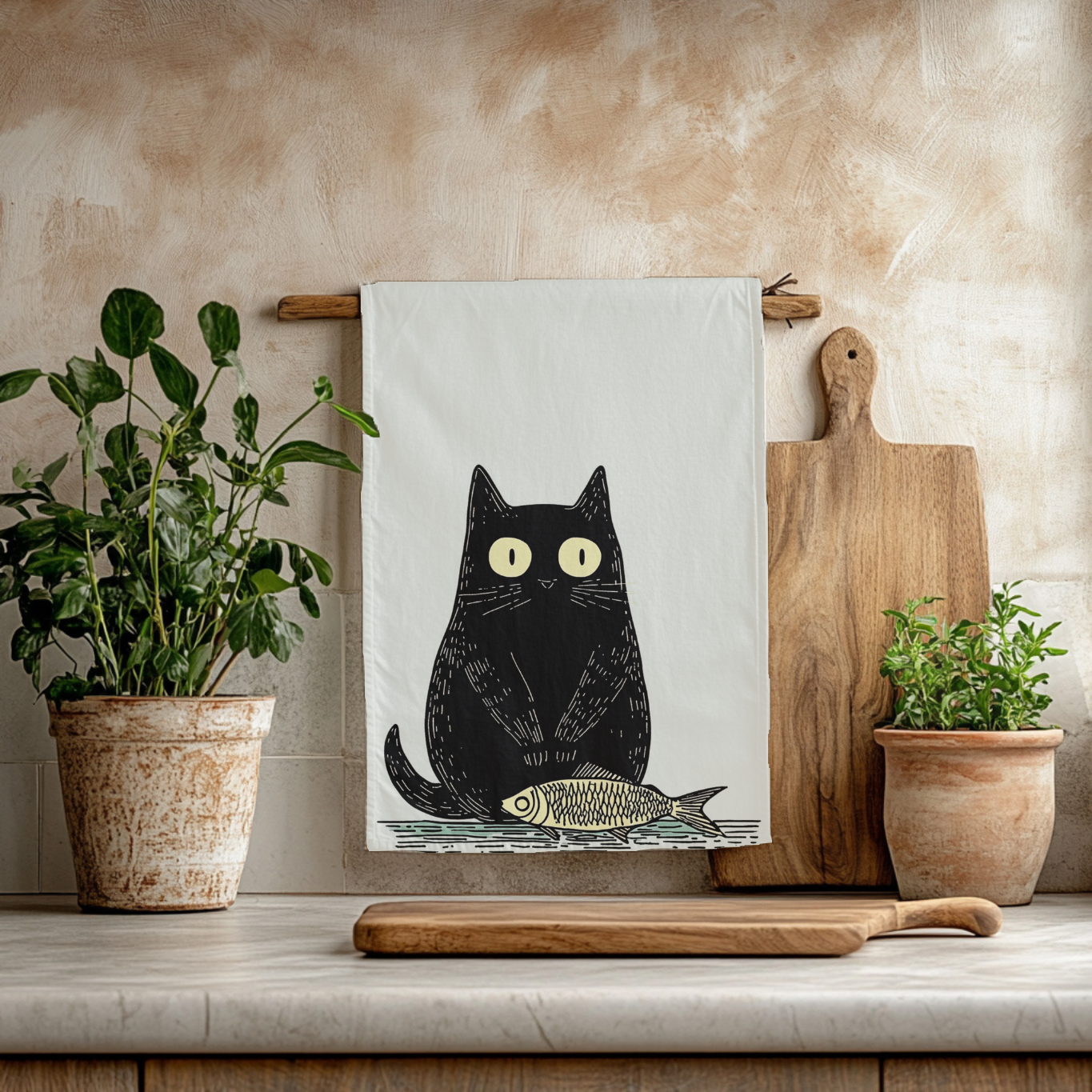 Black Cat Tea Towel With Fish lifestyle image.  Funny gift for cat lovers.