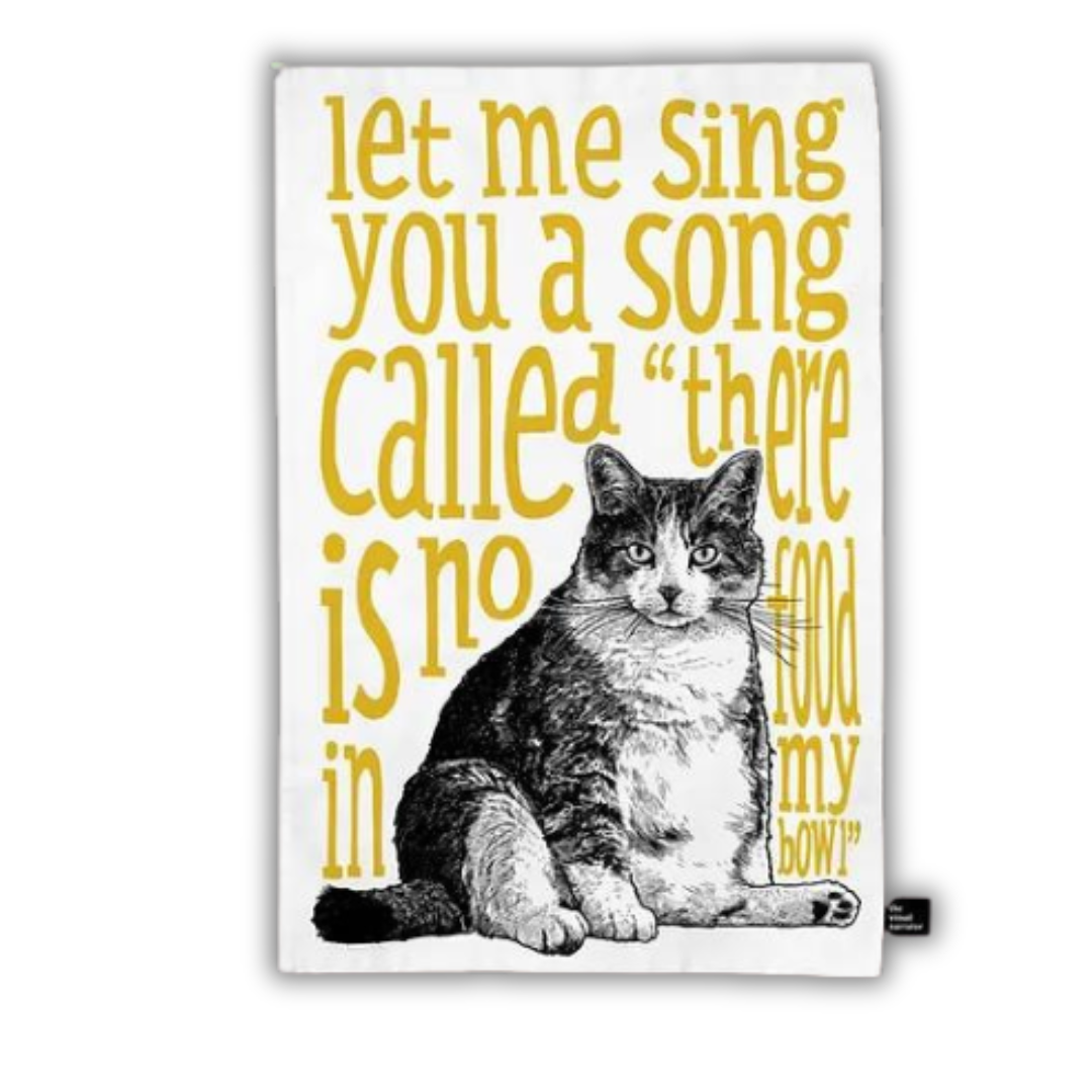 Yellow Hungry Cat Tea Towel on white background.