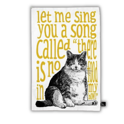 Yellow Hungry Cat Tea Towel - Front View - A Joyful Addition To Any Kitchen