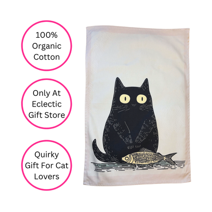 Cat Tea Towel With Fish - 100% Organic Cotton - Exclusive Design - Quirky Gift For Cat Lovers
