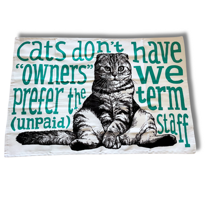 Teal Unpaid Staff Cat Tea Towel - Front View - A Joyful Addition To Any Kitchen