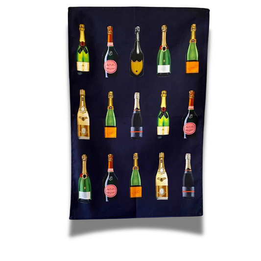 Navy Blue Champagne Tea Towel on white background.