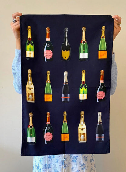 Navy Blue Champagne Tea Towel - Alternate Angle - Homeware Gift