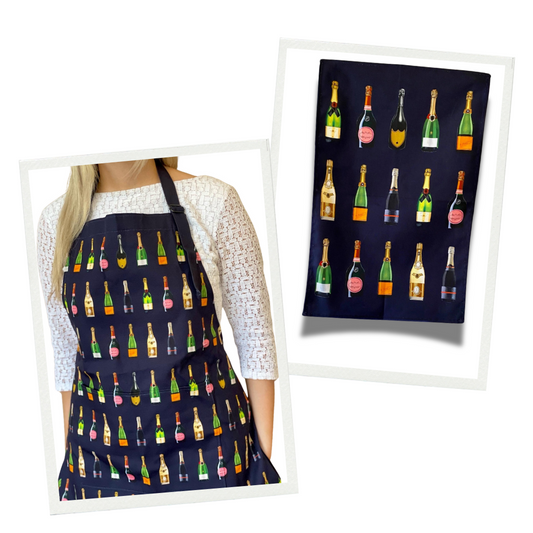 Champagne Lover's Kitchen Set - Navy Champagne Apron and Tea Towel - Ideal Gift For Champagne Lovers