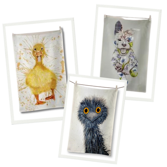 Cheerful Trio Animal Tea Towel Set three Tea Towels  - Duckling, Patchwork Puppy and Emu - in frames on white background.