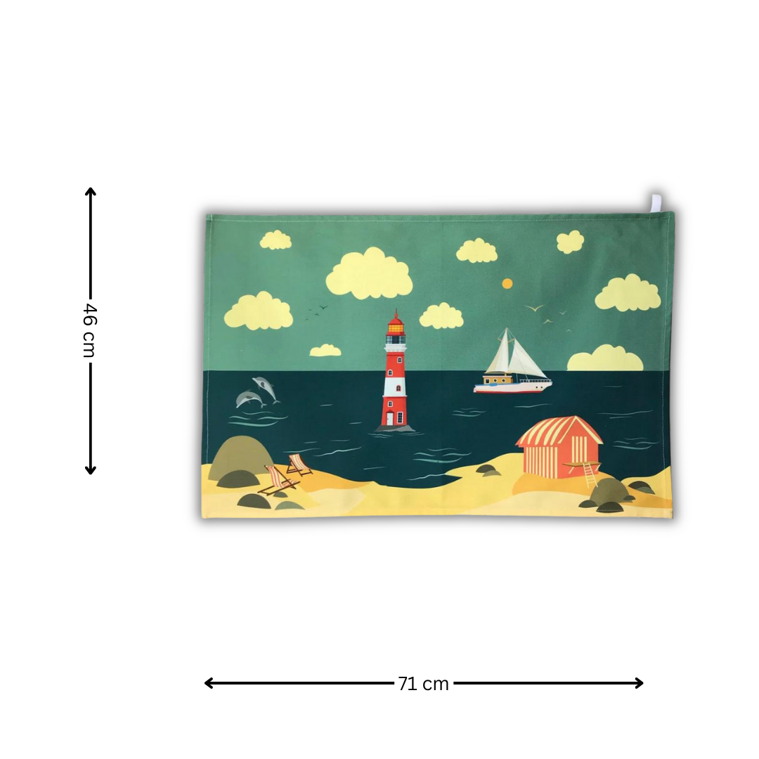 Beside The Seaside Tea Towel on white background with arrows indicating the sizes 46 cm x 71 cm.