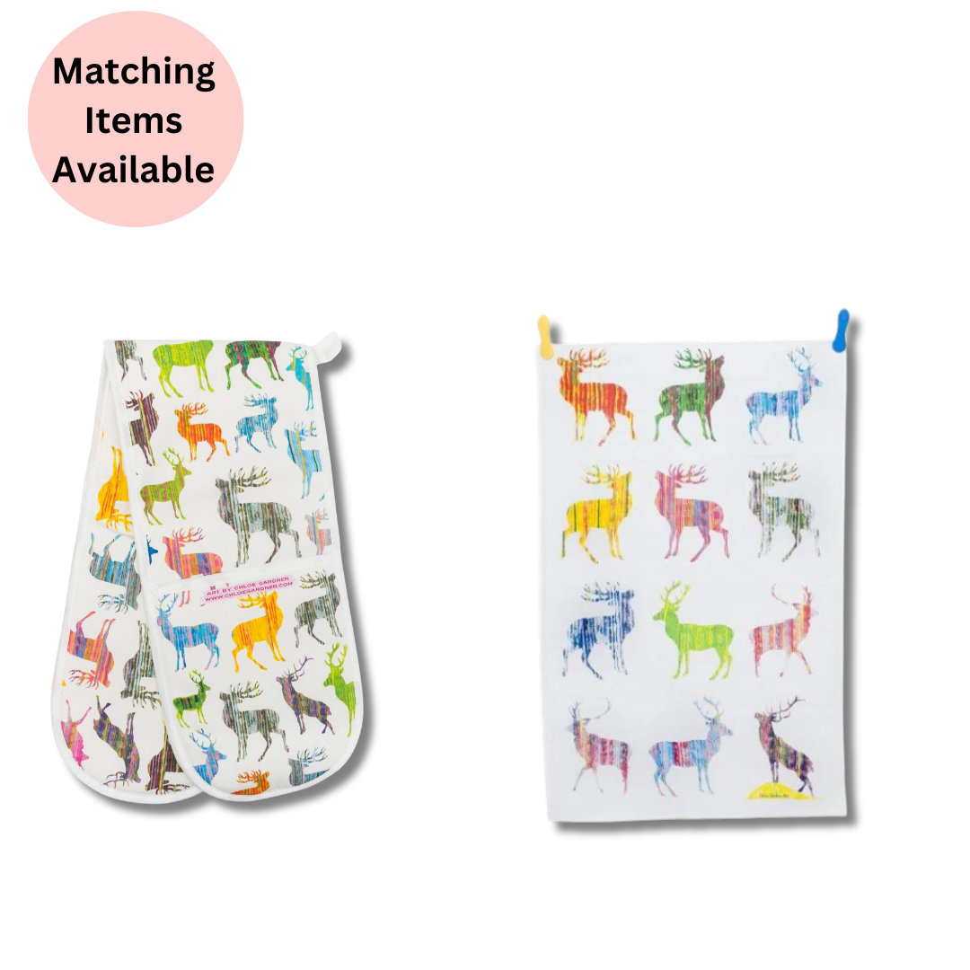 Colourful Stag Double Oven Glove (Multi) and Colourful Stag Tea Towel (Multi) on white background with Pink disc which reads "matching items available".