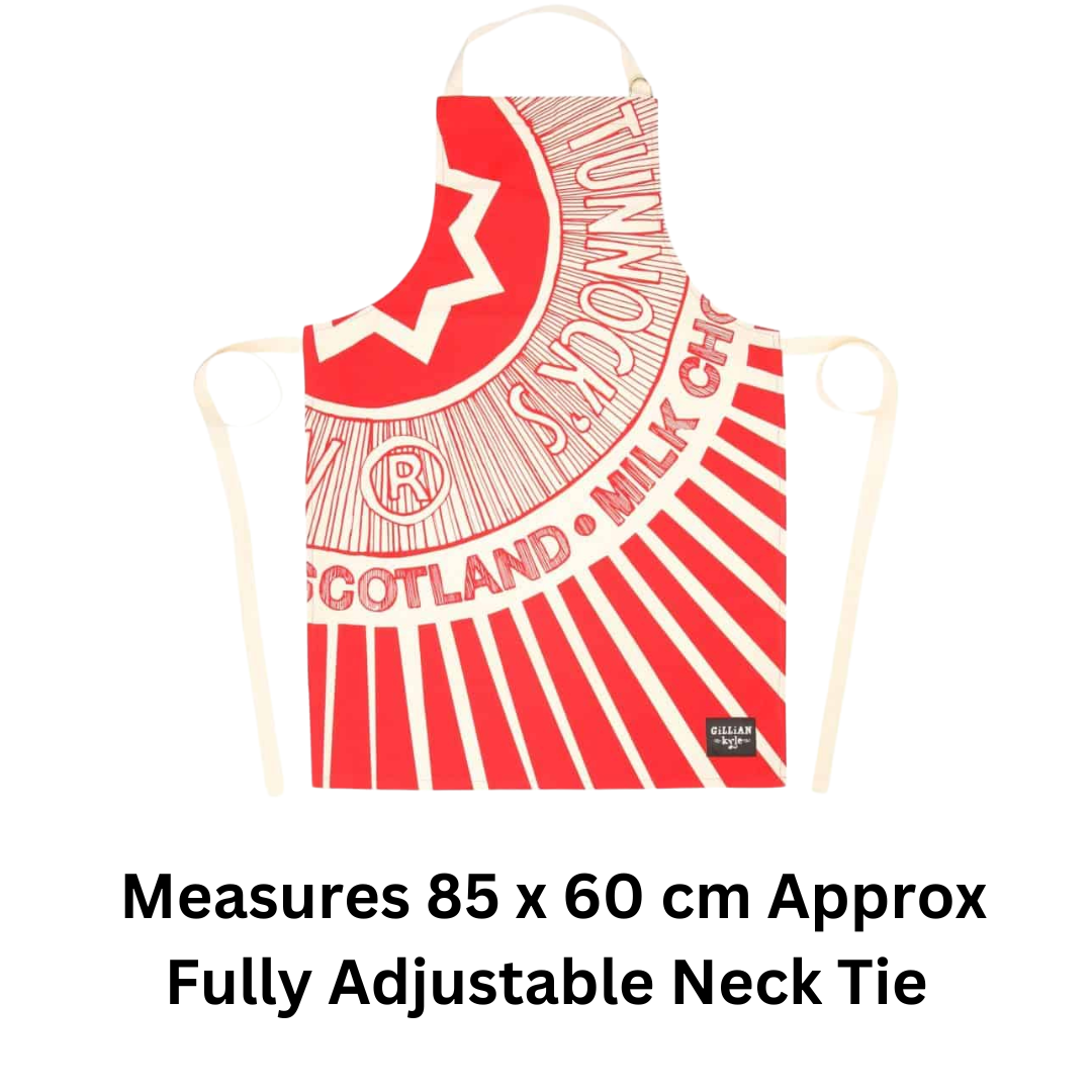 Tunnock's Tea Cake Wrapper Apron on white background with text stating that it Measures 85 cm x 60 cm approx and has a fully adjustable neck tie