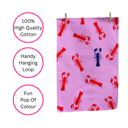 100% Cotton Pink Lobster Tea Towel - Side View - Quirky Detail