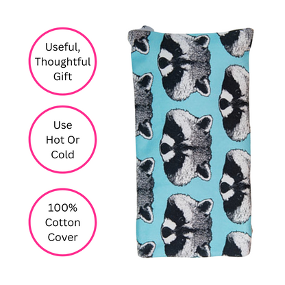 Blue Racoon Microwaveable Wheat Bag - Side View - Quirky Detail