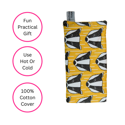 Yellow Badger Microwaveable Wheat Bag - Side View - Quirky Detail