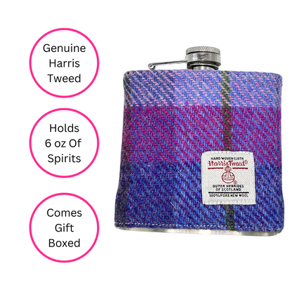 Purple Tartan Harris Tweed Hip Flask - Side View - Quirky Detail