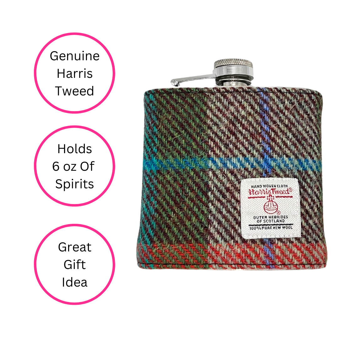 Orange & Green Harris Tweed 6 oz Hip Flask on whit background with three pink circles with text highlighting the benefits - Genuine Harris Tweed, Holds 6 oz of spirits, Great gift idea