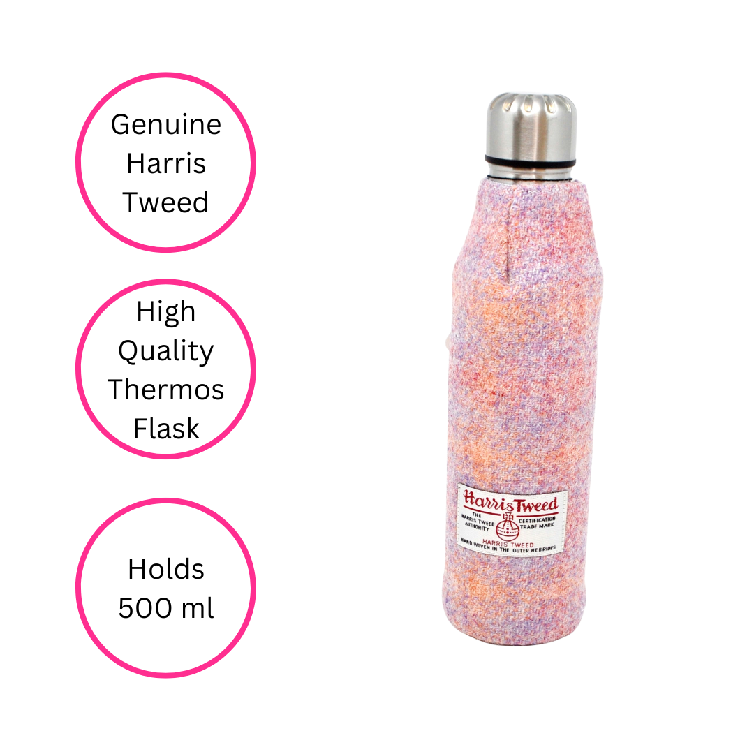 Pink Harris Tweed Thermos Flask 500 ml on white background with three circles highlighting the benefits - genuine Harris Tweed, High Quality Thermos Flask, Holds 500 ml