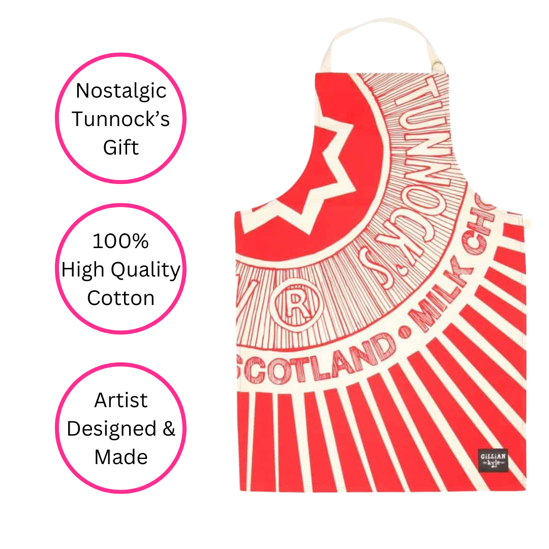 Tunnock's Tea Cake Wrapper Apron on white background with three pink discs highlighting the benefits - Nostalgic Tunnock's Gift, 100% High Quality Cotton, Artist Designed and Made