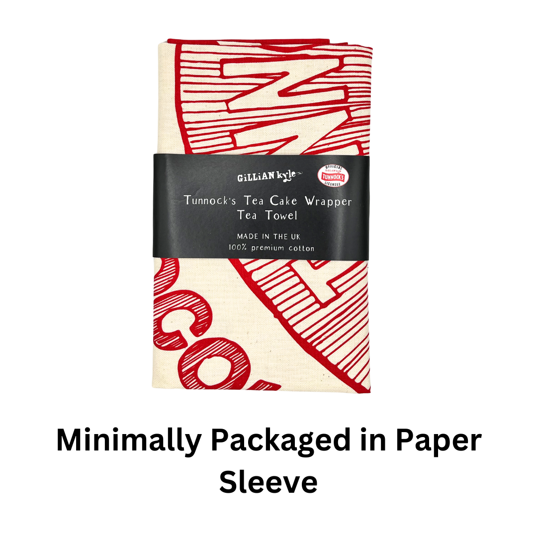 100Tunnock's Tea Wrapper Tea Towel folded and in paper sleeve with the words "Minimally Packaged in Paper Sleeve" below.