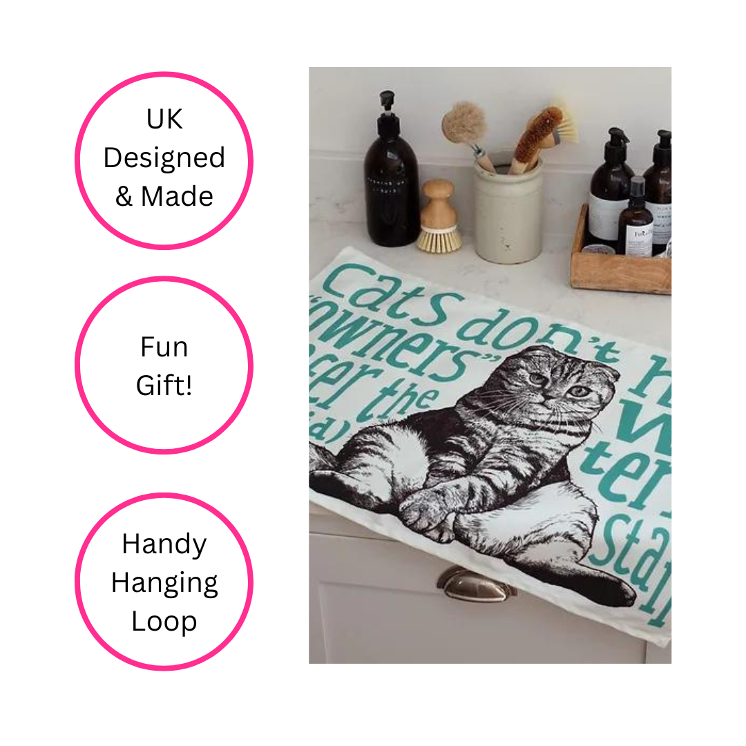 100% Cotton UK Made Funny Cat Tea Towel with Handy Hanging Loop Makes a Fun Gift