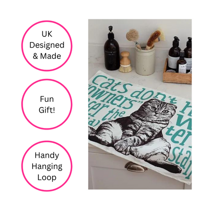 Teal Unpaid Staff Cat Tea Towel - Side View - Quirky Detail