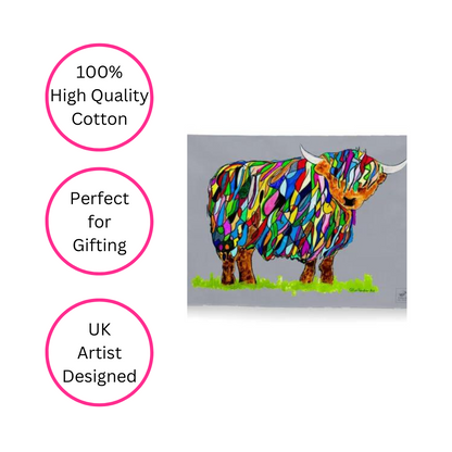 Bright Highland Cow Tea Towel On Grey - British Made - Quirky Detail