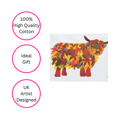 Autumn Leaf Highland Cow Tea Towel - British Made - Quirky Detail