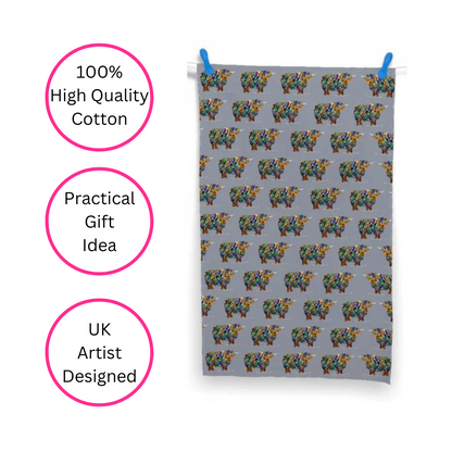 Repeat Bright Highland Cow Tea Towel On Grey - Made In The Uk - Quirky Detail