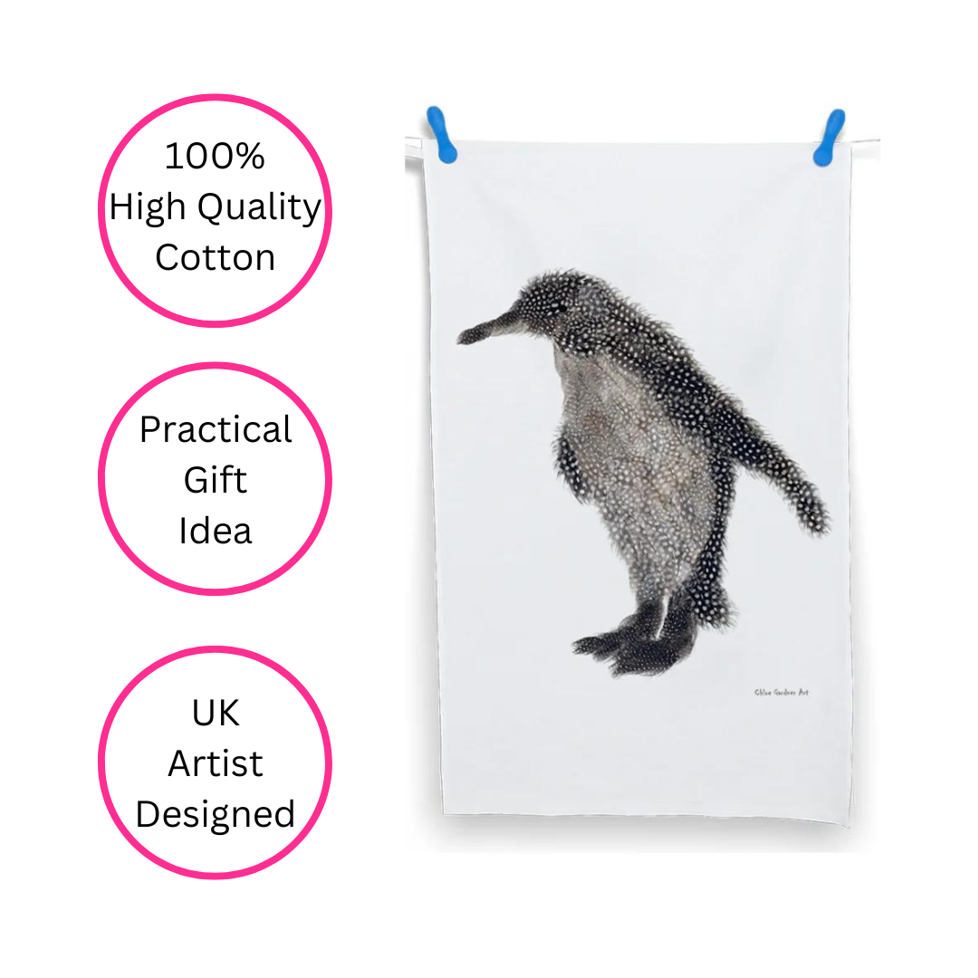 100% Cotton White Tea Towel with Grey Penguin, UK artist designed, practical gift idea