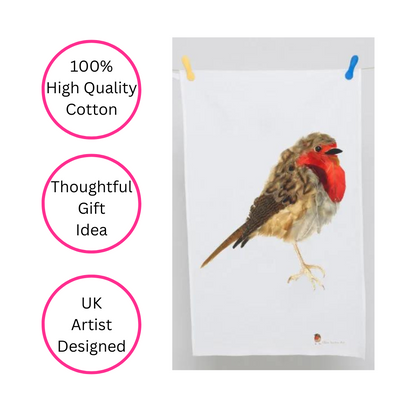 Gift Boxed 100% Cotton Robin Redbreast Tea Towel - British Made - Quirky Detail