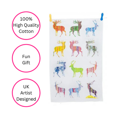 Colourful Stag Tea Towel (multi) - Made In Britain - Quirky Detail