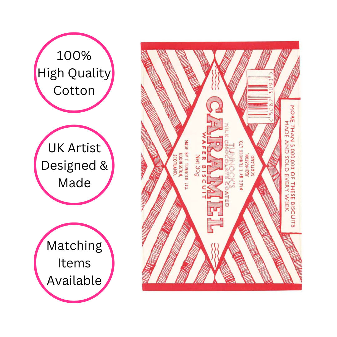 Tunnock's Tea Cake Tea Towel on white background with three pink discs highlighting the benefits - 100% High Quality Cotton, UK Artist Designed & Made, Matching Items Available.