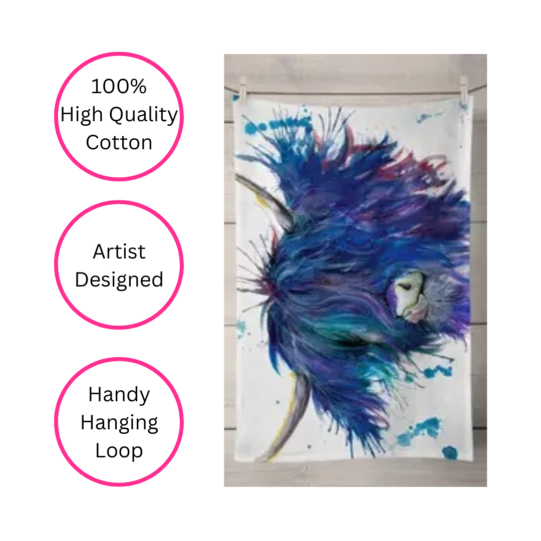 100% High Quality Cotton Blue Highland Cow Artist Designed Tea Towel with Handy Hanging Loop