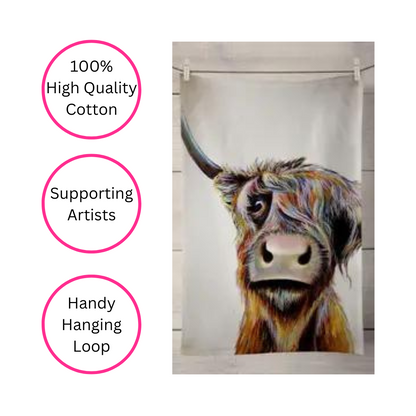 100% Cotton Bad Hair Highland Cow Tea Towel - Artist Designed - Quirky Detail