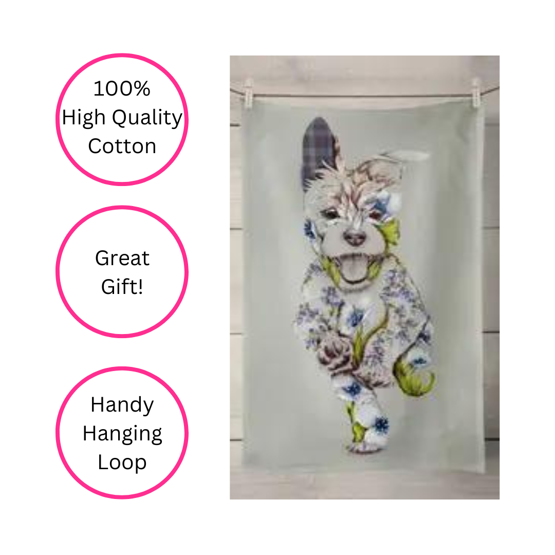 100% Cotton Sage Green Dog Tea Towel with patchwork dog on sage green tea towel pictured hanging on a washing line with a wooden background and three pink discs highlighting the benefits, 100% High Quality Cotton, Great Gift!, Handy Hanging Loop