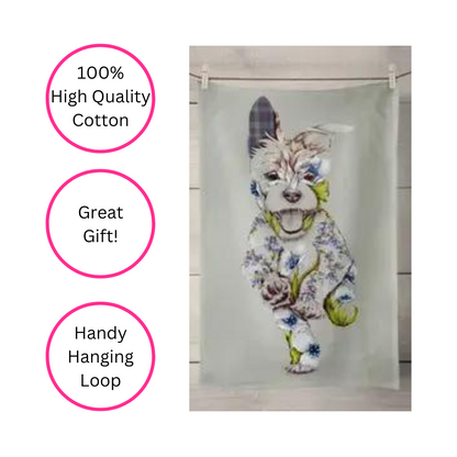 100% Cotton Sage Green Dog Tea Towel - Artist Designed - Quirky Detail