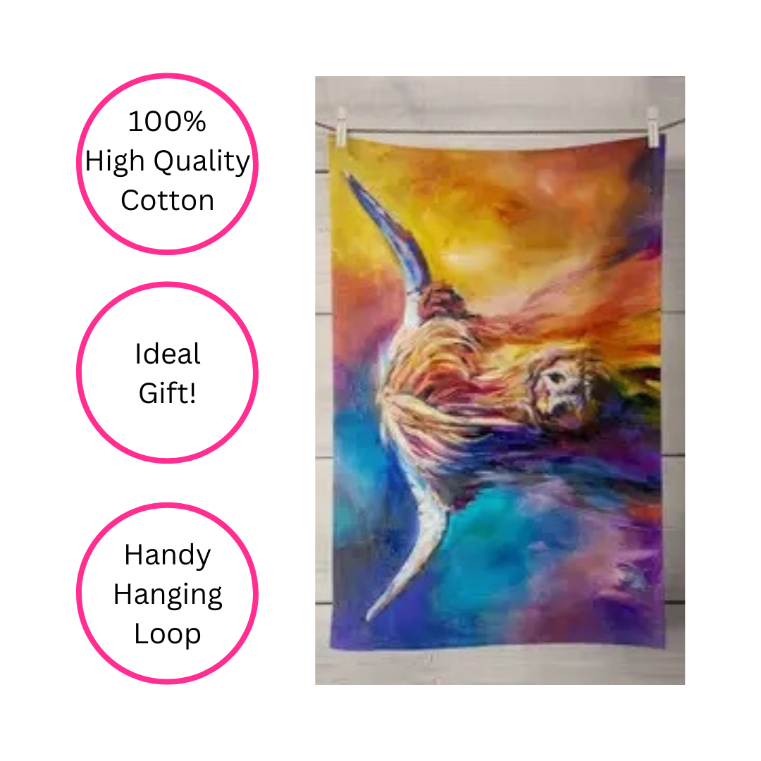 100% Cotton Rainbow Harris Highland Cow Tea Towel hanging on washing line and on white background with three pink discs highlighting the benefits - 100% High Quality Cotton, Ideal Gift, Handy Hanging Loop