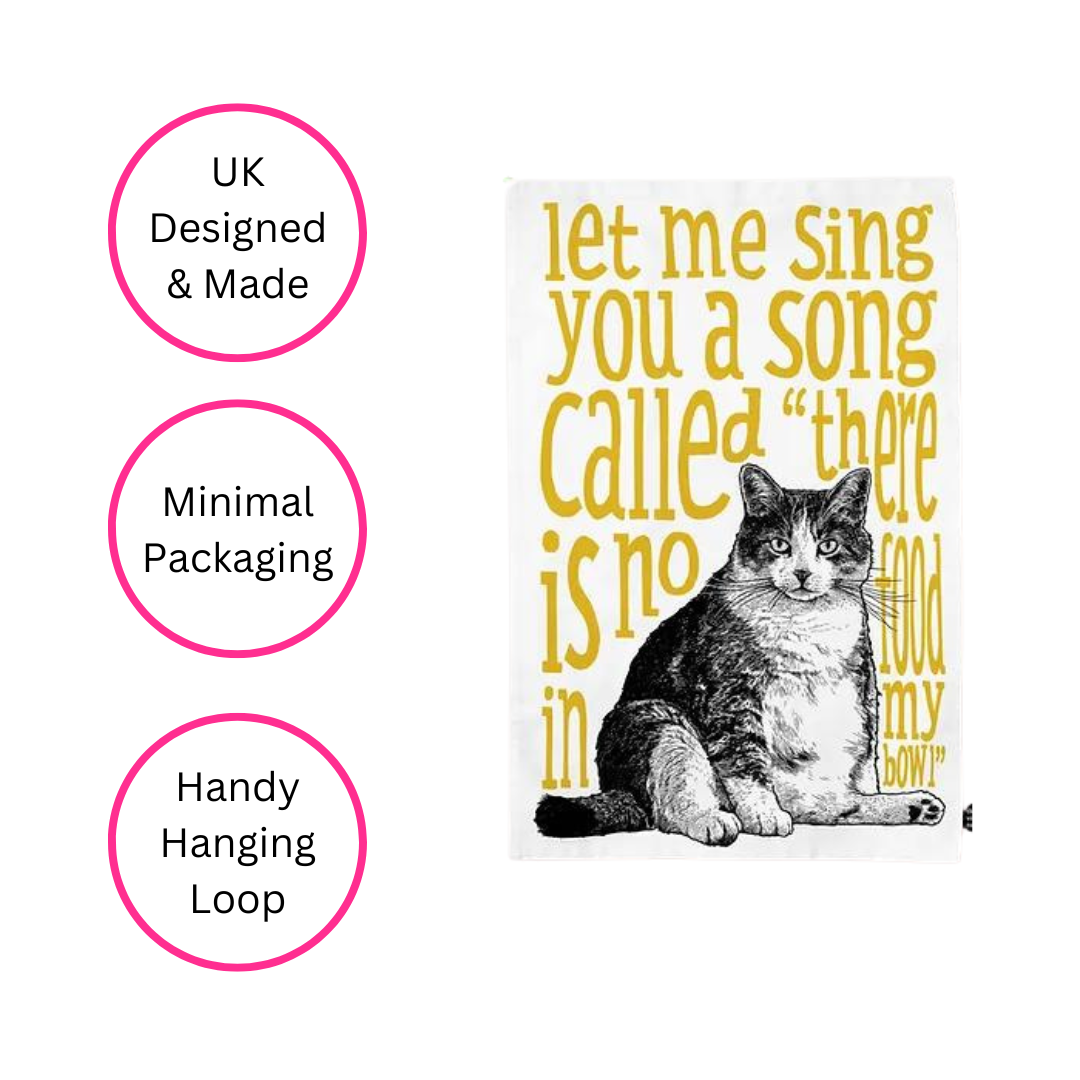 Yellow Hungry Cat Tea Towel on white background with three pink discs highlighting the benefits, UK designed & made, minimal packaging, handy hanging loop