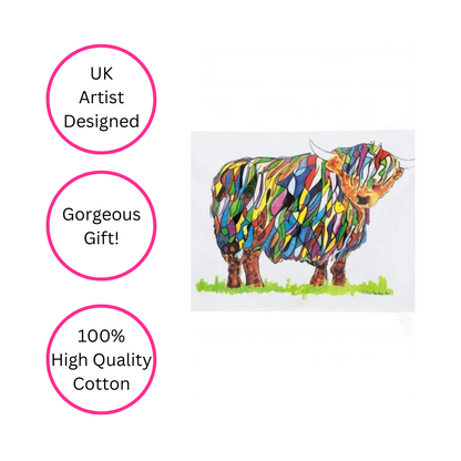 Bright Highland Cow Tea Towel On White - Made In Britain - Quirky Detail