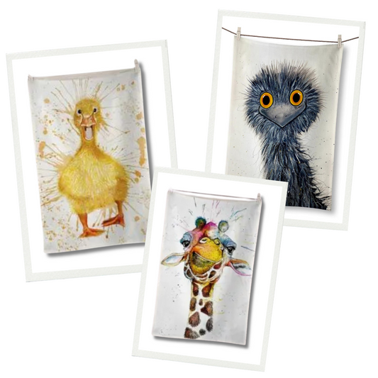 Crazy Crew Tea Towel Set - Duckling Tea Towel, Emu Tea Towel and Giraffe Tea Towel in frames and on white background.  