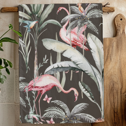 Dark Tropical Flamingo Tea Towel  - Detail Shot  - Colourful Close-up