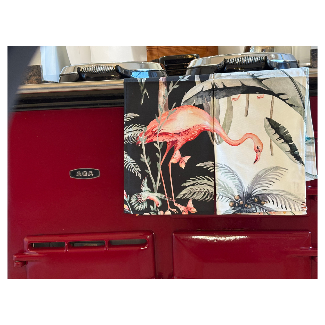 Dark Tropical Flamingo Tea Towel and White Tropical Flamingo Tea Towel on Claret Red AGA.  Perfect Housewarming Gift.  