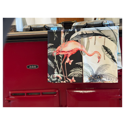 Dark Tropical Flamingo Tea Towel and White Tropical Flamingo Tea Towel on Claret Red AGA.  Perfect Housewarming Gift.  