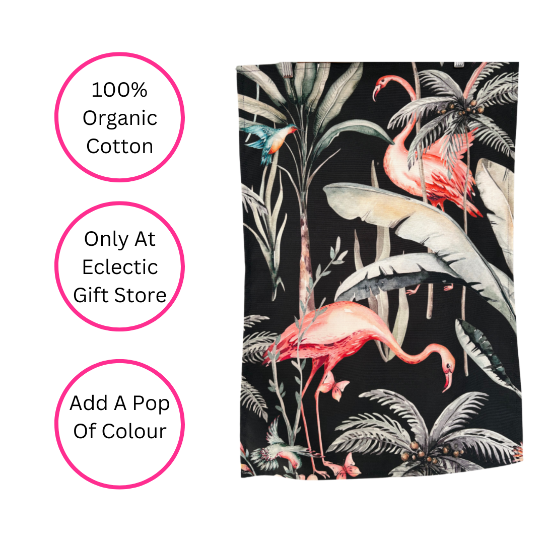 Dark Tropical Flamingo Tea Towel on white background with three pink discs highlighting the benefits - 100% Organic Cotton, Only At Eclectic Gift Store and Add A Pop Of Colour.