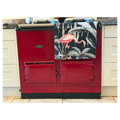 Dark Tropical Flamingo Tea Towel On Claret Red AGA.  Eyecatching Flamingo Design, Quirky Gift.  