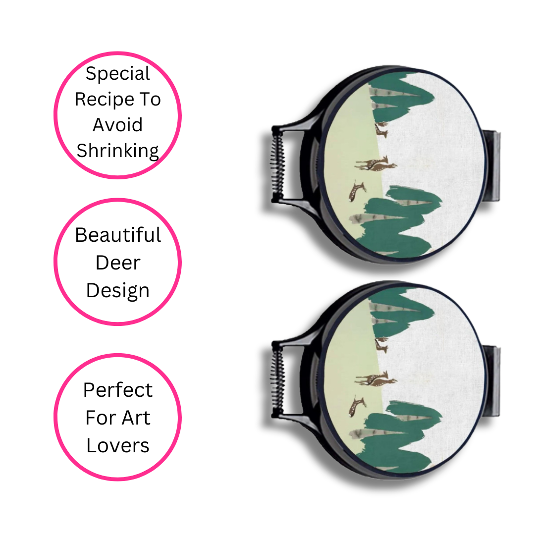 Deer Chef's Pads For AGA, on AGA lids on white background with three pink discs highlighting the benefits, Special recipe to avoid shrinking, beautiful deer design and perfect for art lovers. 