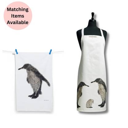 Grey Feather Penguin Pair & Baby Apron - Matching Items Available - Colourful Close-up