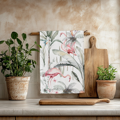 White Tropical Flamingo Tea Towel - Alternate Angle - Homeware Gift