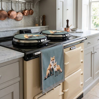 Fox Chef's Pads For AGA and Fox Tea Towel on Cream AGA